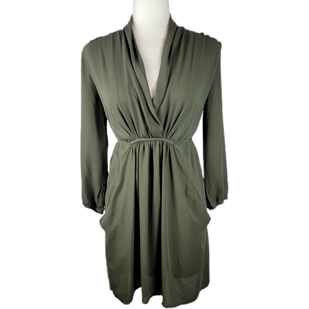 Bar III Olive Green Long Sleeve Faux Wrap Dress with Pockets Small - Picture 1 of 3
